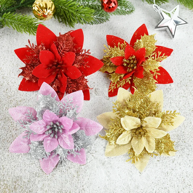 

5pcs 14cm Glitter Artificial Flowers Head Christmas Tree Hanging Ornaments Merry Xmas Decor For Home New Year 2024 Navidad Gift