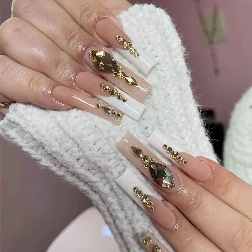 24pcs Detachable Long Rhinestone Coffin Fake Nails Acrylic Beauty Print Bride Ballerina Nail Art