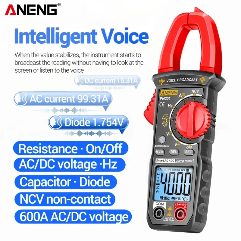 

Цифровой токоизмерительный клещевой мультиметр ANENG PN201 600A AC/DC, тестер напряжения, 4000 измерений, автоматический выбор диапазона, голосовое оповещение