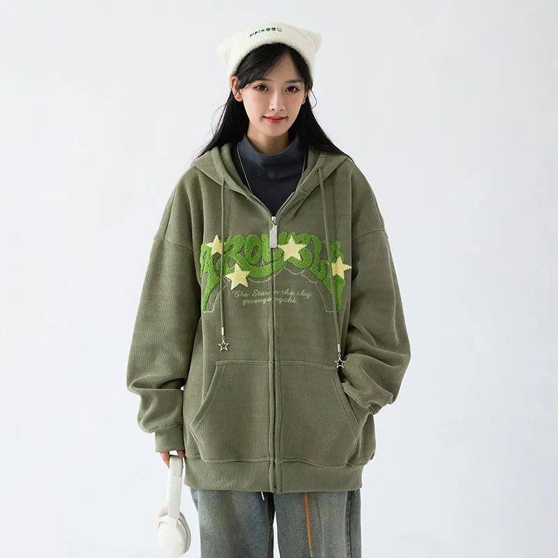 2026 New Women's Warm Hooded Sweatshirt Green Coat Autumn/Winter American High Street Loose Fleece-Lined Jacket Women Clothing