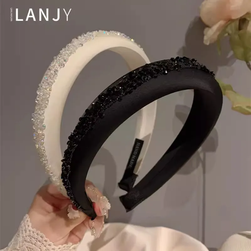 

High skull hair accessories headband with feminine black crystal sponge pressed hair clips for women wide edge French hair band