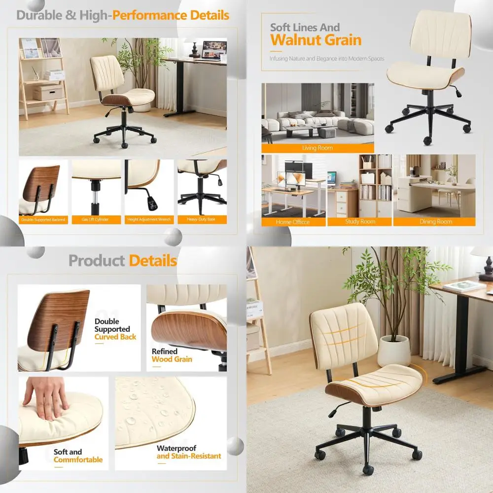 

Ergonomic Curved Seat and Back Office Chair, Adjustable Height Swivel Chair, Stylish Walnut Task Chair for Home and Office, PU,