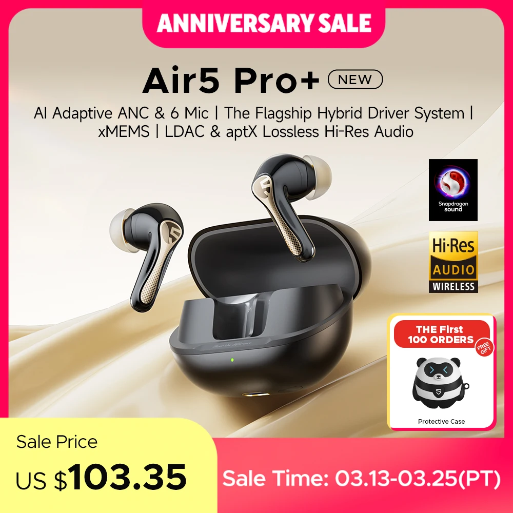 SOUNDPEATS Air5 Pro+ XMEMS Bluetooth Earphones 55dB Hybrid Adaptive ANC