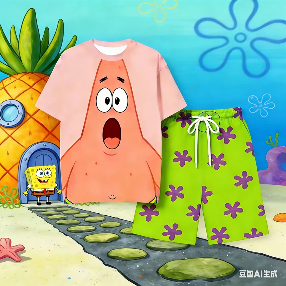 

Patrick Star And SpongeBob Outfit Set New Cute Casual Cartoon Matching Clothes For Men's Shirts Women Y2k T-shirts And Pants Set