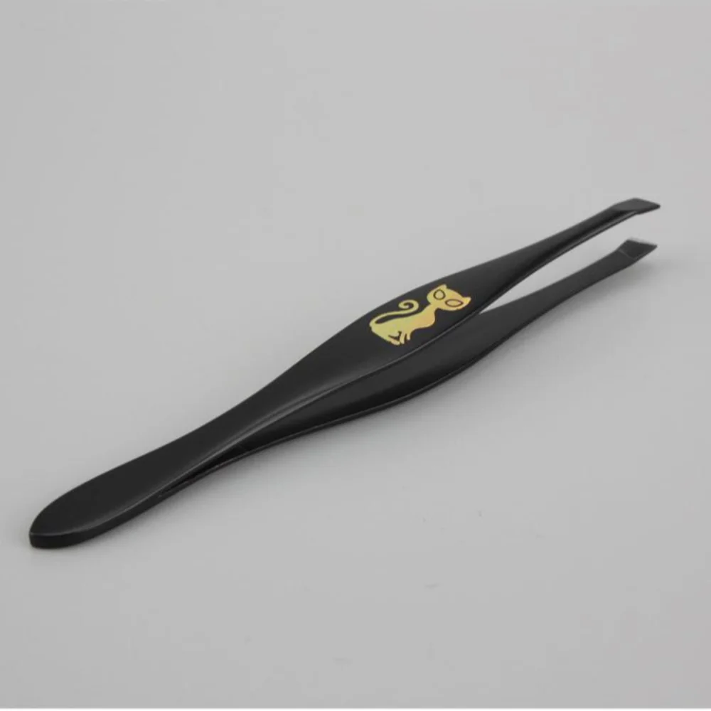Slant Tweezers Shape Hair Pluckers Spray Paint Black Eyebrow Trimming Cartoon Cat Pattern Shaving Eyelash Tweezers