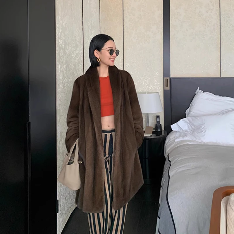 Ftangaiur-abrigo de invierno para mujer, abrigo de piel de visón de terciopelo de cisne importado, albornoz con cuello vuelto, abrigos de piel de visón auténtica