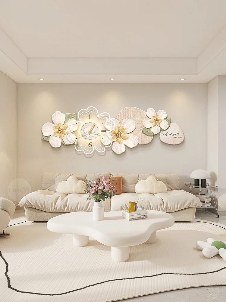Cream Wind Living Room LED Light Painting Abstract Texture Painting Art Flower Mural Lamp with Clock Painting Sofa Background WA
