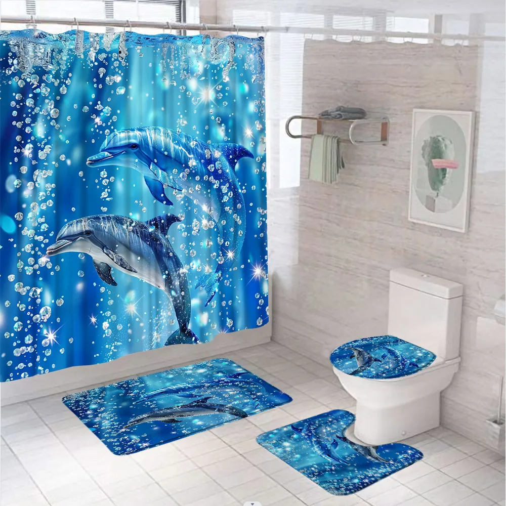 Glitter Diamond Shower Curtain Sets Blue Dolphin Marine Aniaml Bathroom Curtain Bath Mat Toilet Lid Cover Non-Slip Rug 12 Hooks