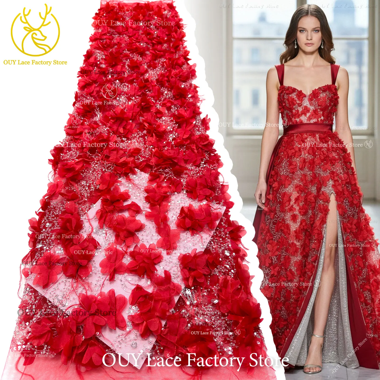Exquisite 3D-Applikation Französische Pailletten Tüllspitze 2026 Hochwertige Perlenbesetzte Afrikanische Spitze Rotes Nigerianisches Hochzeits-Abendkleid – Detail 5