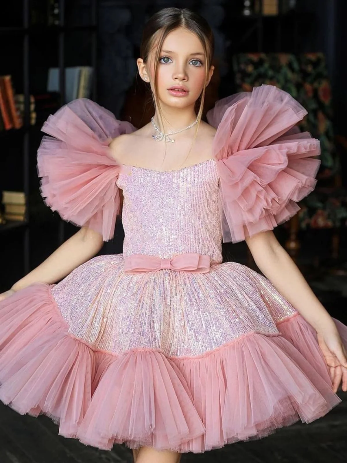 Robe de soirée en tulle à paillettes pour filles, robe à manches bouffantes, robe éducative pour tout-petits, concours de beauté, longueur au-dessus du genou