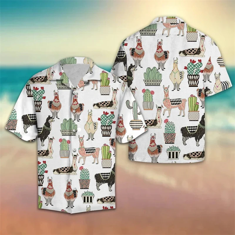 

Funny Llama Pattern Hawaiian Shirt Summer Casual Beach Vacation 3D Alpaca Printed Shirt Loose Breathable Cute Animal Graphic Top