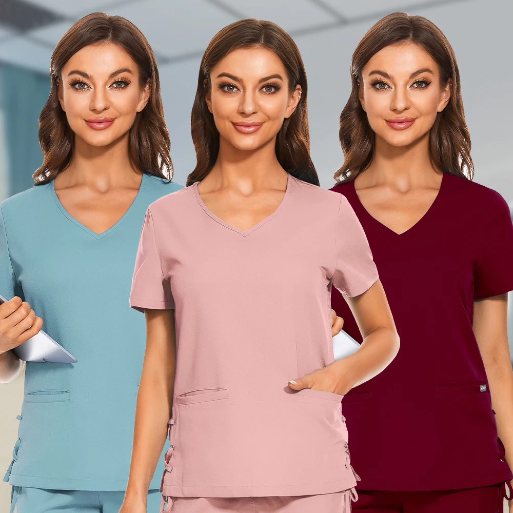 Mulheres manga curta decote em v blusa macia, uniforme hospitalar, enfermeira médica camisas, Cuer Scrubs Tops, Clinic Workwear, verão