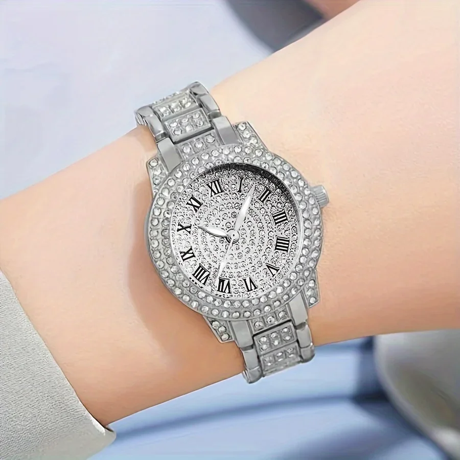 6pcs/set Women\'s Watch Luxury Rhinestone Quartz Watch Shiny Fashion Analog Wrist Watch & Jewelry Set, Gift For Mom Her