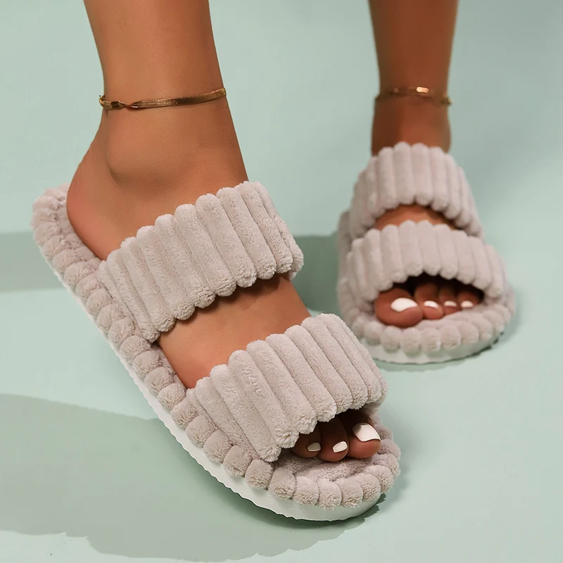 Fashion Corduroy Double Strap House Slippers Women Autumn Winter Warm Plush Flat Slides Woman Ultra Light Comfort Indoor Slipper