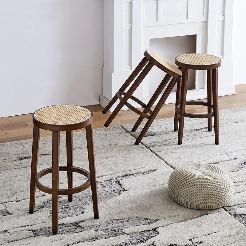 

Vine woven solid wood bar stool with minimalist backrest, high chair, coffee shop, medieval household table