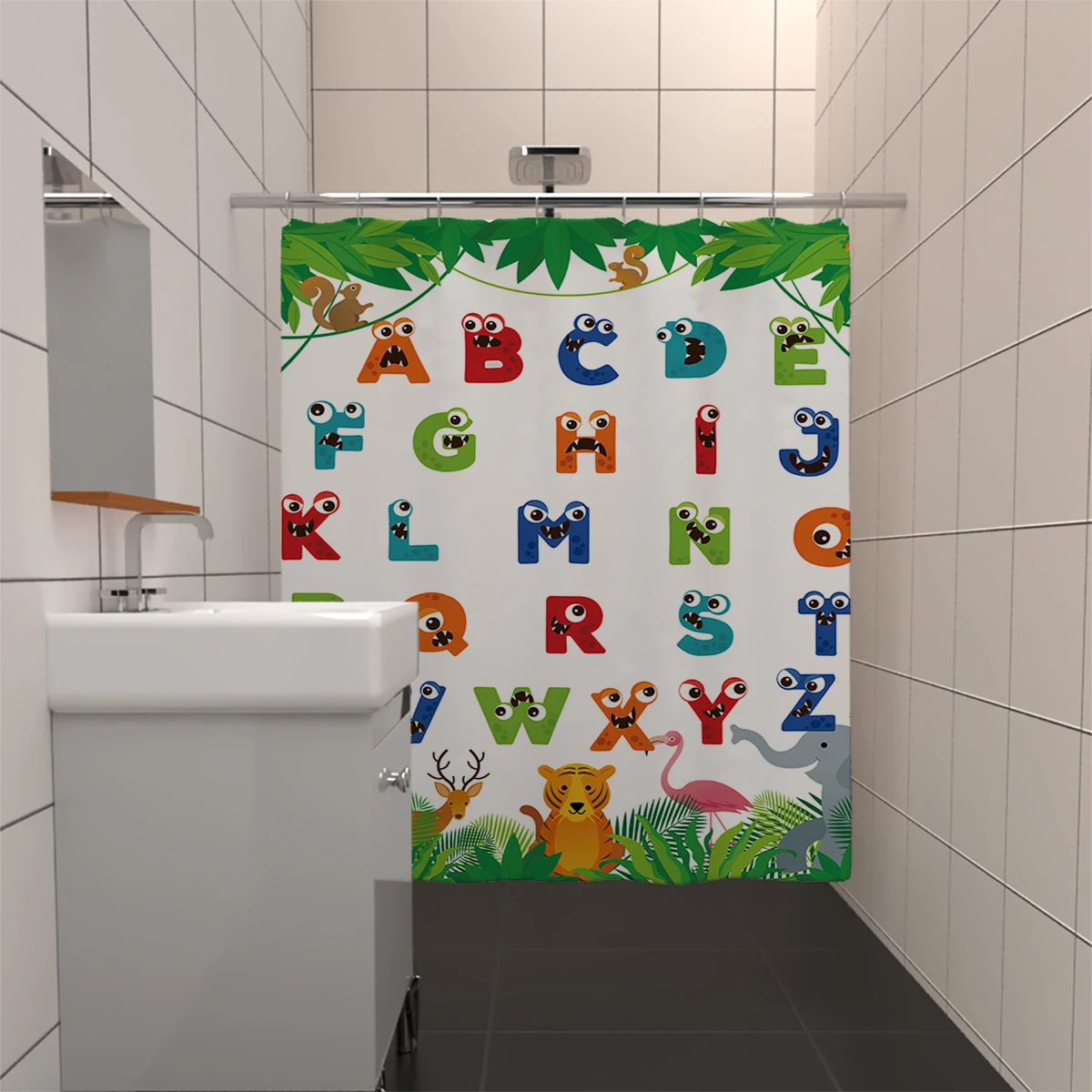 Kids Educational Learning Alphabet Tool Shower Curtains Set with 12 Hooks, Funny Teaching Words Colorful Bathroom Decor