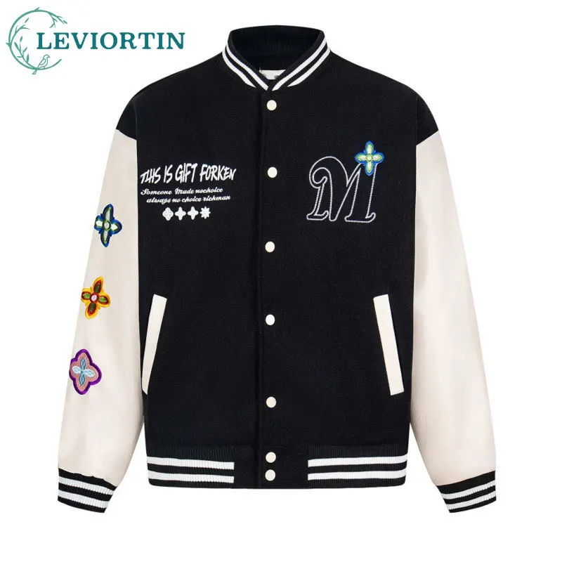 Autumn and Winter Men's Street Fashion PU Leather Collage Loose Coat Heavy duty Embroidered Letter Design Baseball Jacket