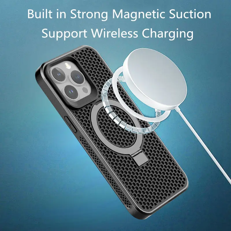 Luxury Skin Feel Magnetic Bracket Cooling Magsafe Case for iPhone 15 Pro Max 11 12 13 Pro 14 Plus Breathable Rugged Phone Cover