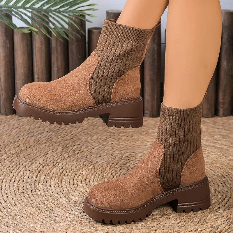 

Women Suede Mid Heels Ankle Boots Fad Platform 2025 Winter Shoes New Casual Sport Short Boots Classical Cozy Pumps Zapatillas