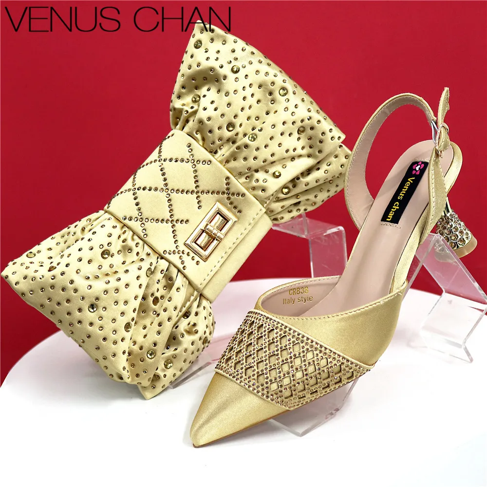 Nigerian Women Heel Party Ladies Italian Design Shoes And Bags Set Decorated with Rhinestone Handbag Wedding Party