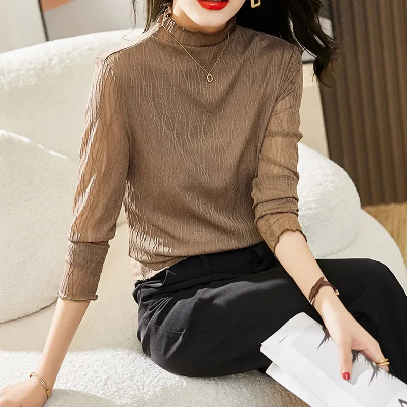 

Mesh Bottoming Shirt for Women Spring Autumn New Slim Fashionable Half-high Collar Long-sleeved T-shirt Thin Top Trendy