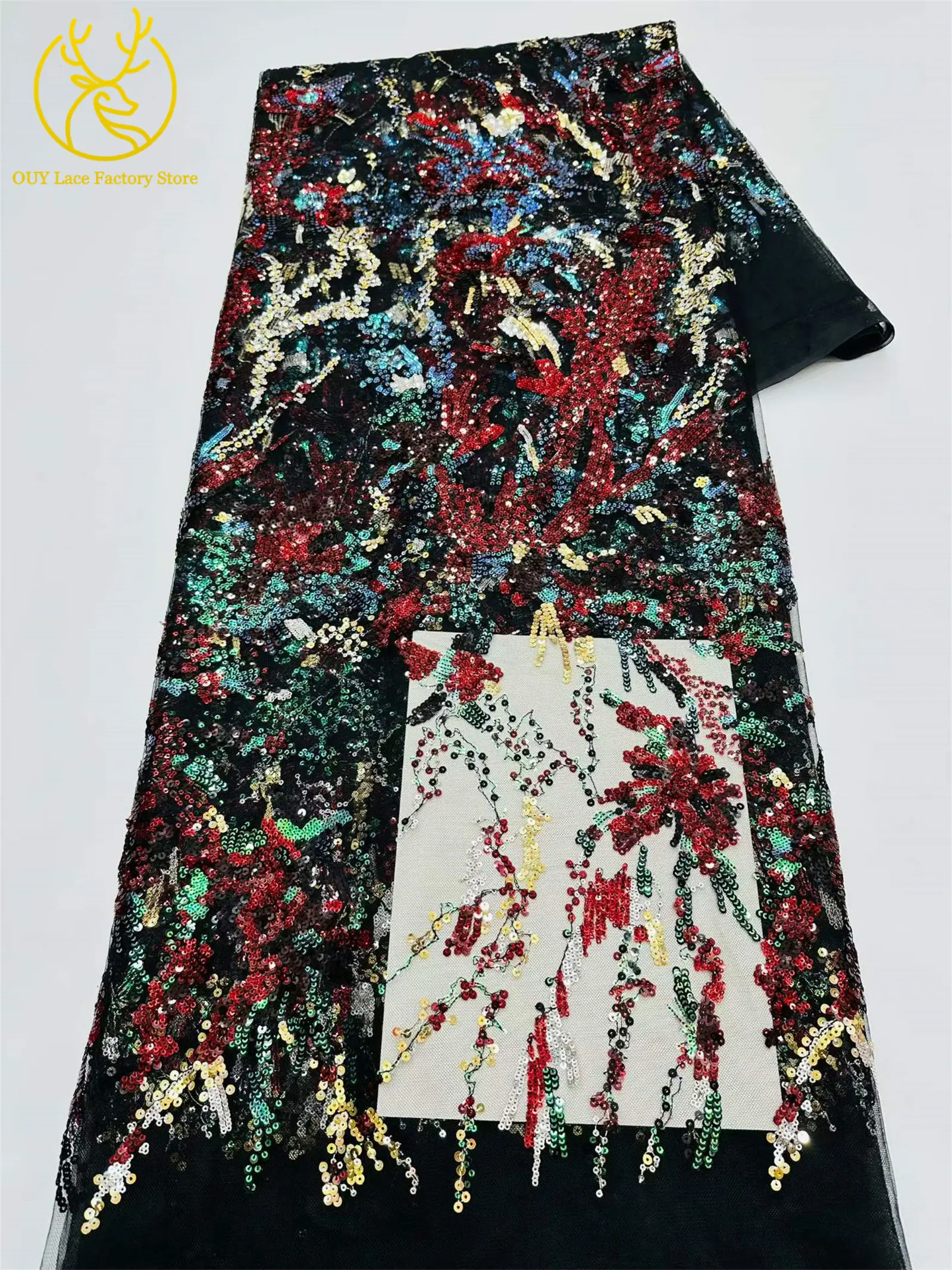Roter afrikanischer Pailletten-Spitzenstoff, 5 Yards, hochwertiger, eleganter französischer Stickerei-Spitzenstoff für Hochzeits- und Abendkleider zum Nähen – Detail 7