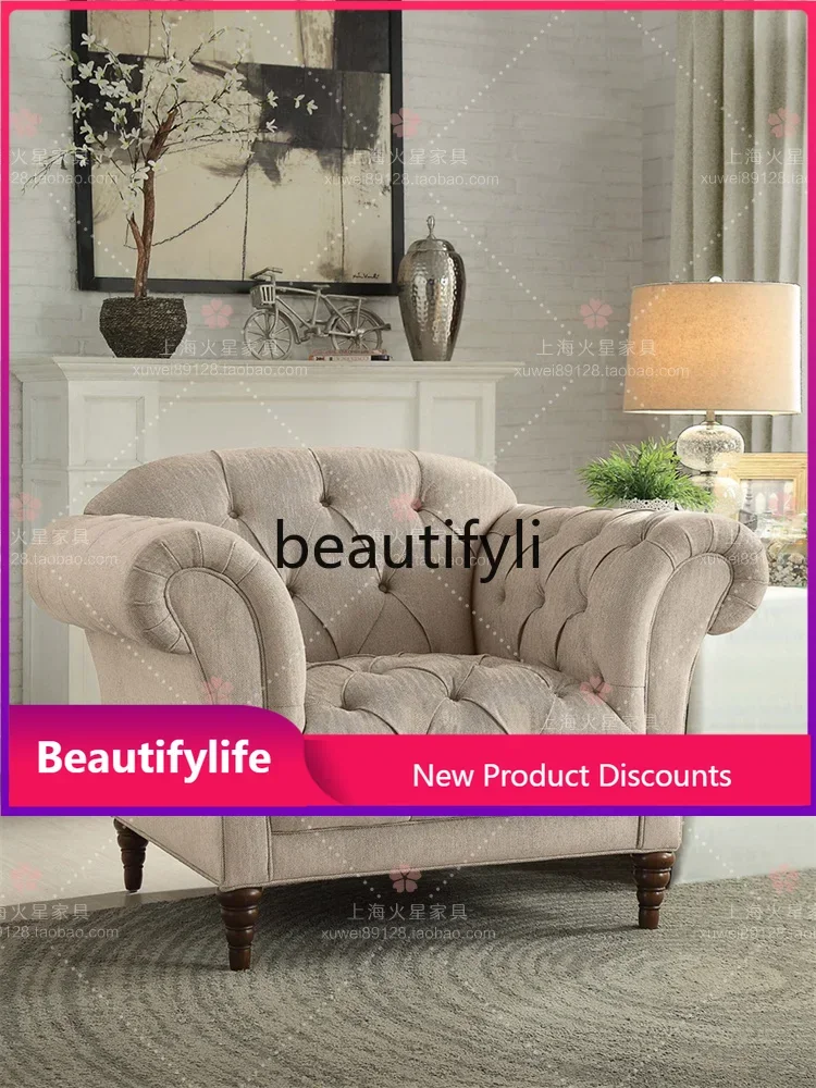 

2344 American rural solid wood fabric living room sofa combination simple buckle sofa double