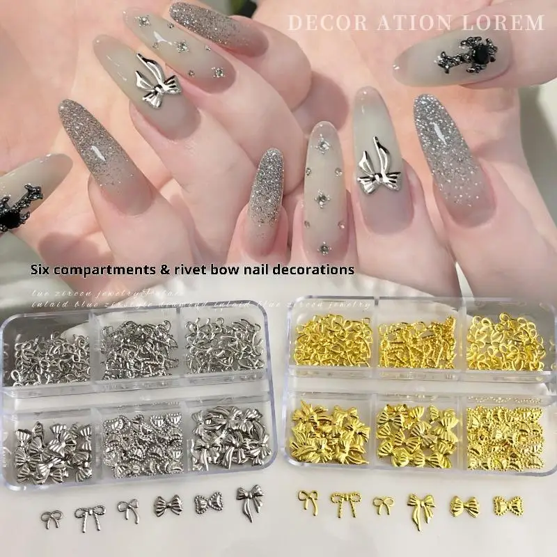 6 Grids Bow Metal Nail Charms Sequin Thin Sheet Rhinestone Gold Silver Nail Art Decoration For Manicure DIY