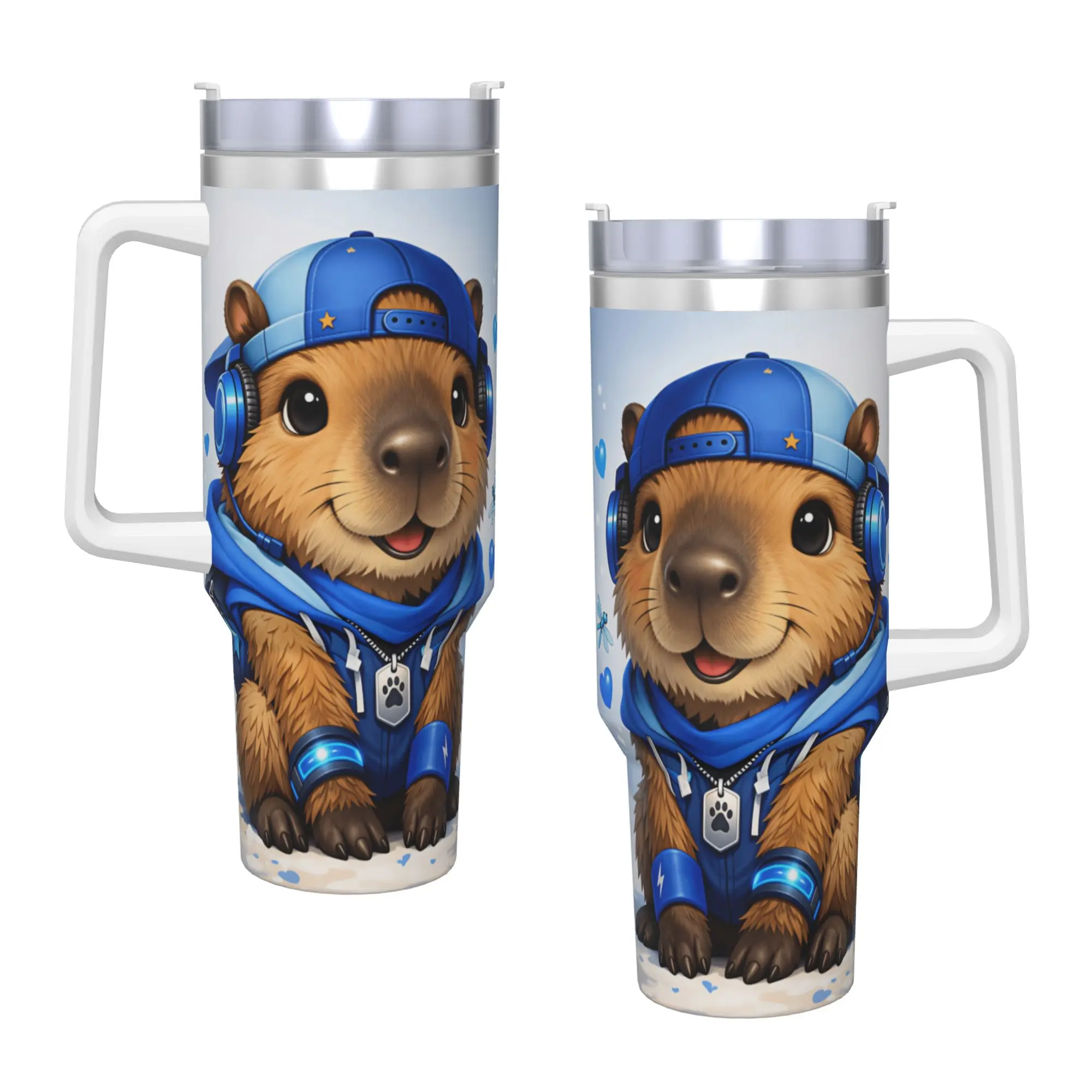 Stainless Steel Tumbler Cool Hip Hop Capybara Blue Cap Headphone Hoodie Dragonfly Heart Cartoon Coffee Mug Hot Drinks Mugs Cup