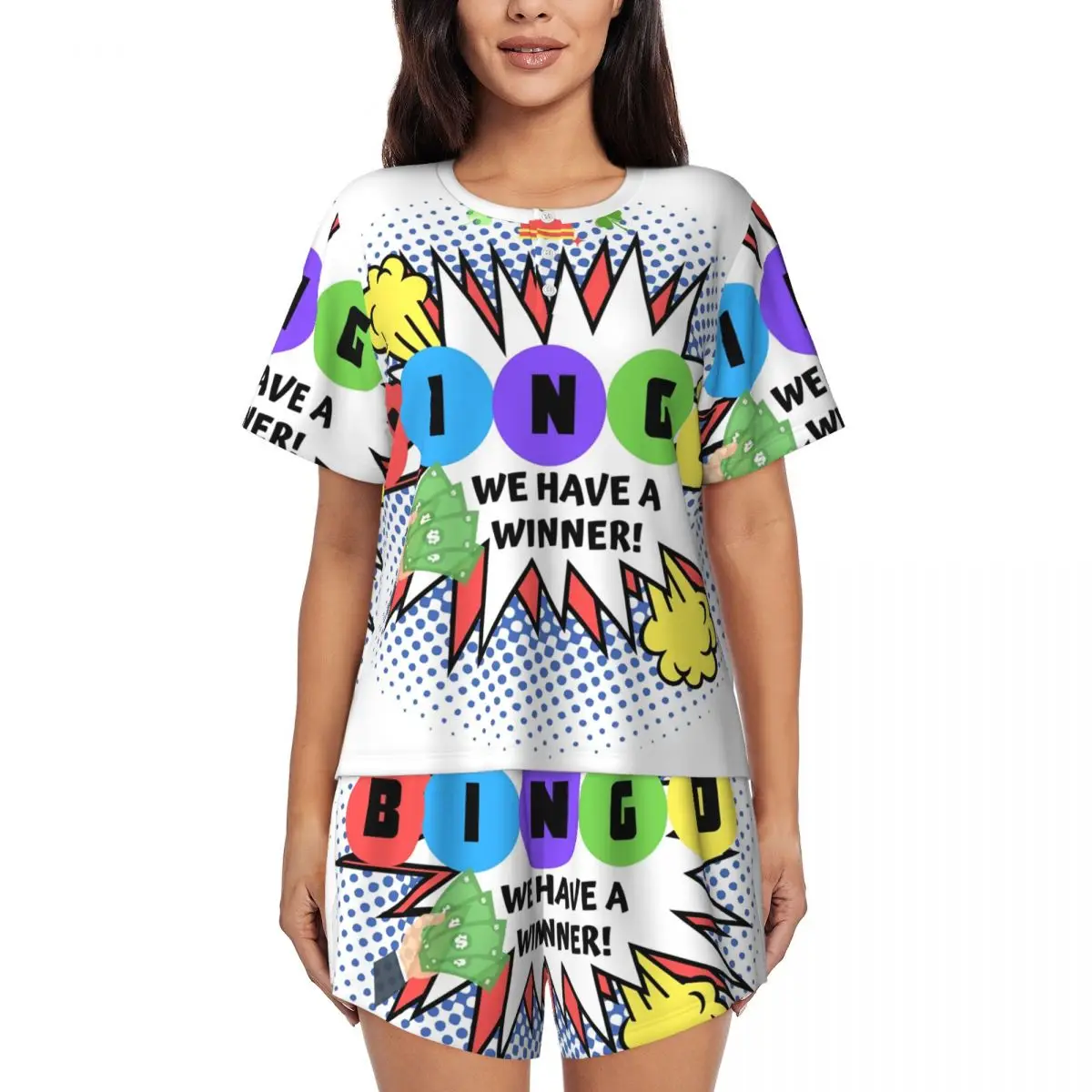 Custom Bingo We Have A Winner Pajama Sets Women 2 Piece Paper Game Short Sleeve Pjs Shorts Sleepwear