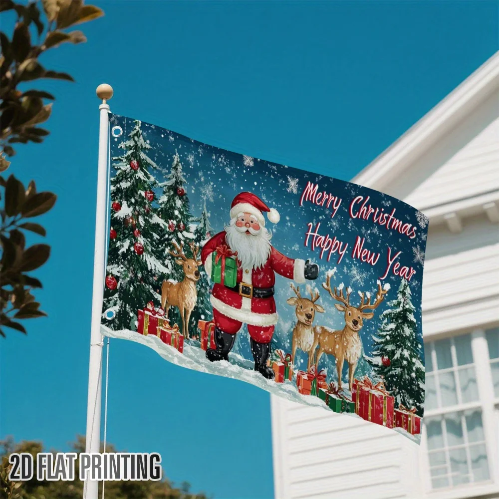 2D Flat 1pc Multi-size Optional, Christmas 2D Flat Print Square Flag - Santa Claus, Reindeer, Snow Forest Design