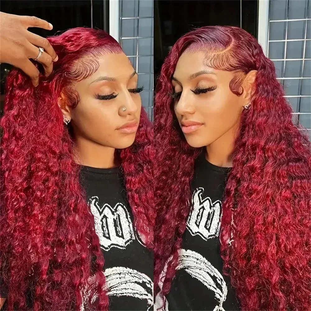 99J Burgundy Deep Wave Human Hair Wig Red Colored 13x4 Lace Frontal Wigs 30 40Inch Plucked Deep Curly Human Hair Wigs For Women