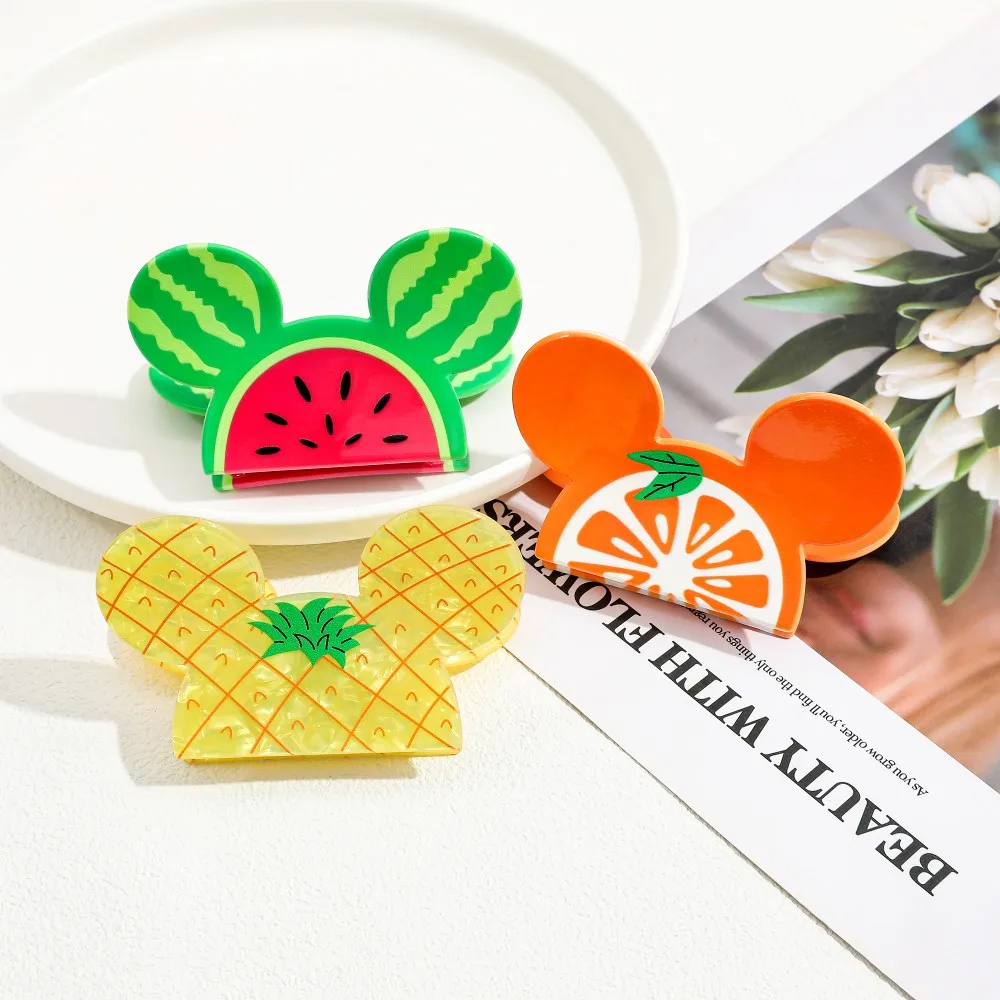 Acrylic Summer Fruit Hair Claw Clip Pineapple Watermelon Orange Cute Cartoon Ear Shape Hair Barrettes for Women Girls