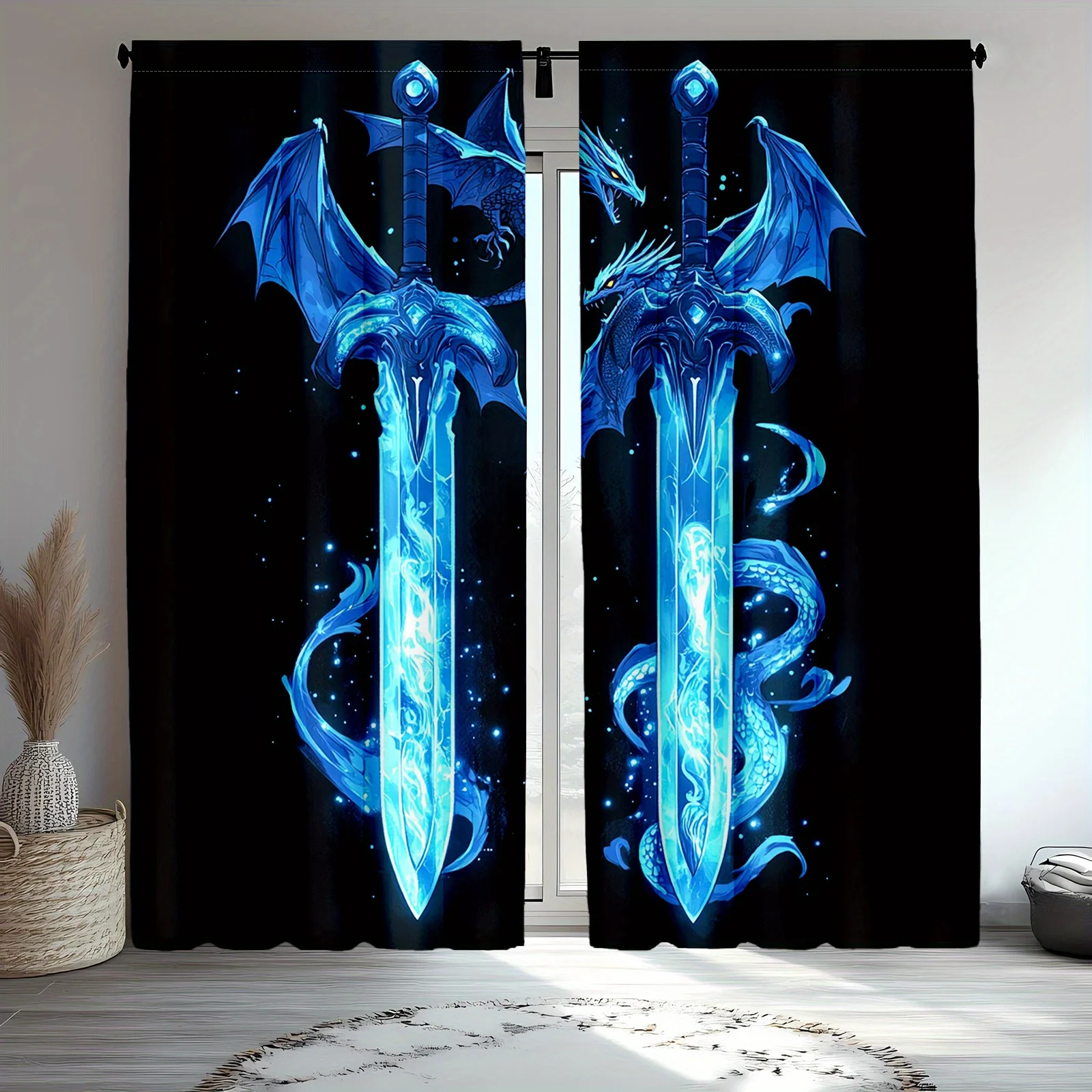 2pcs Dragon and Sword Blackout Curtains – Featuring Frost Sword and Winged Dragon Design, Ideal for Bedroom or Living Room