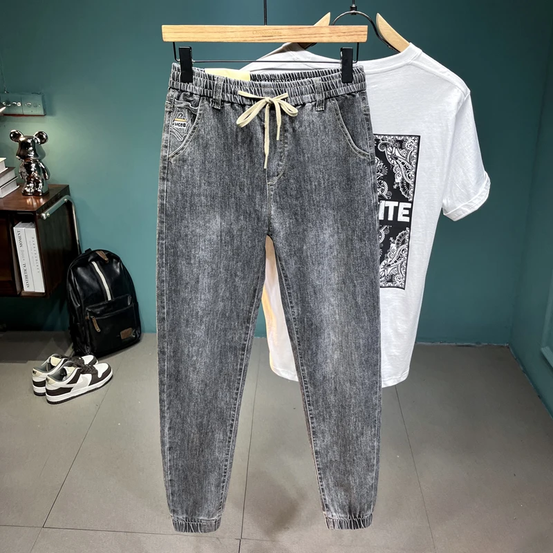 2024 New Ankle-Tied Jeans Men's Elastic Waist Design Fashionable Elastic Breathable All-Match Summer Thin Long