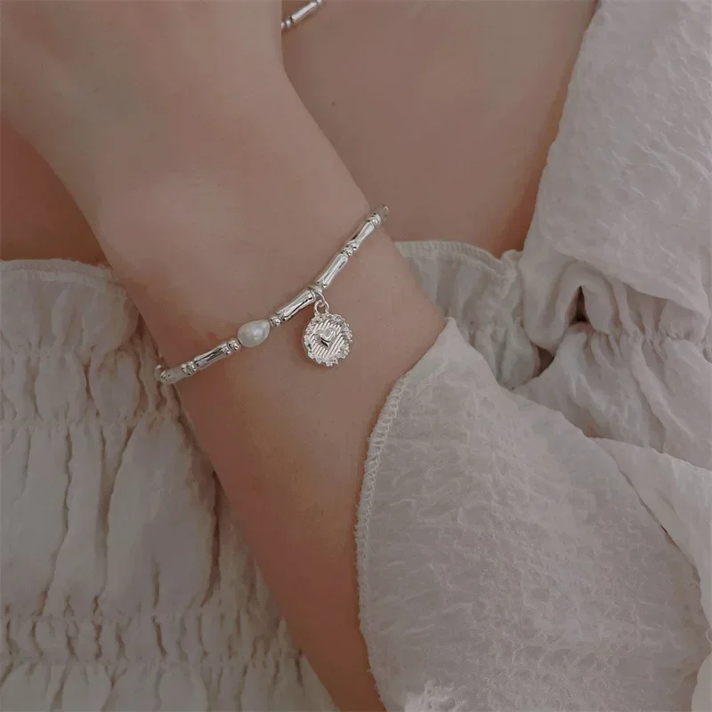 Luxury 925 Sterling Silver Bracelet Pearl Knot Bracelets For Women Korean Design Heart Pendant Charm Bracelet Party Jewelry Gift