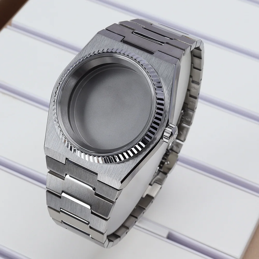 Fluted Curved 40mm Silver NH35 Watch Case bands Sapphire Glass For PRX Super Player Mod Case Fit NH35 NH36 NH34/38 NH70 Movement
