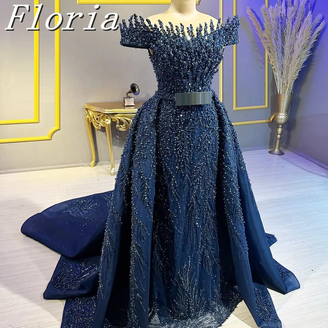 Elegante azul marinho vestidos de festa de casamento longo overskirt arábia saudita vestido de noite ocasião vestido personalizado vestidos de baile