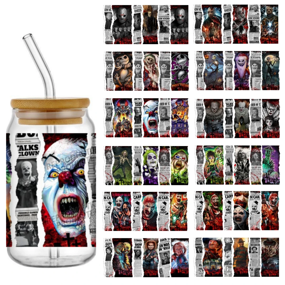 

Halloween Horror Killer Design authenti Decal UV DTF Transfer Sticker Cup Tumbler Wrap for 16oz Libbey Glasses Wraps Bottles DIY