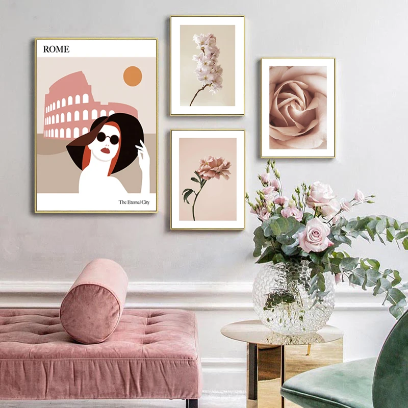 Scandinavian Pink Flower Life Wall Decor Painting Fashion Modern Women Rose Scenery Canvas Poster for Bedroom Living Room Decor