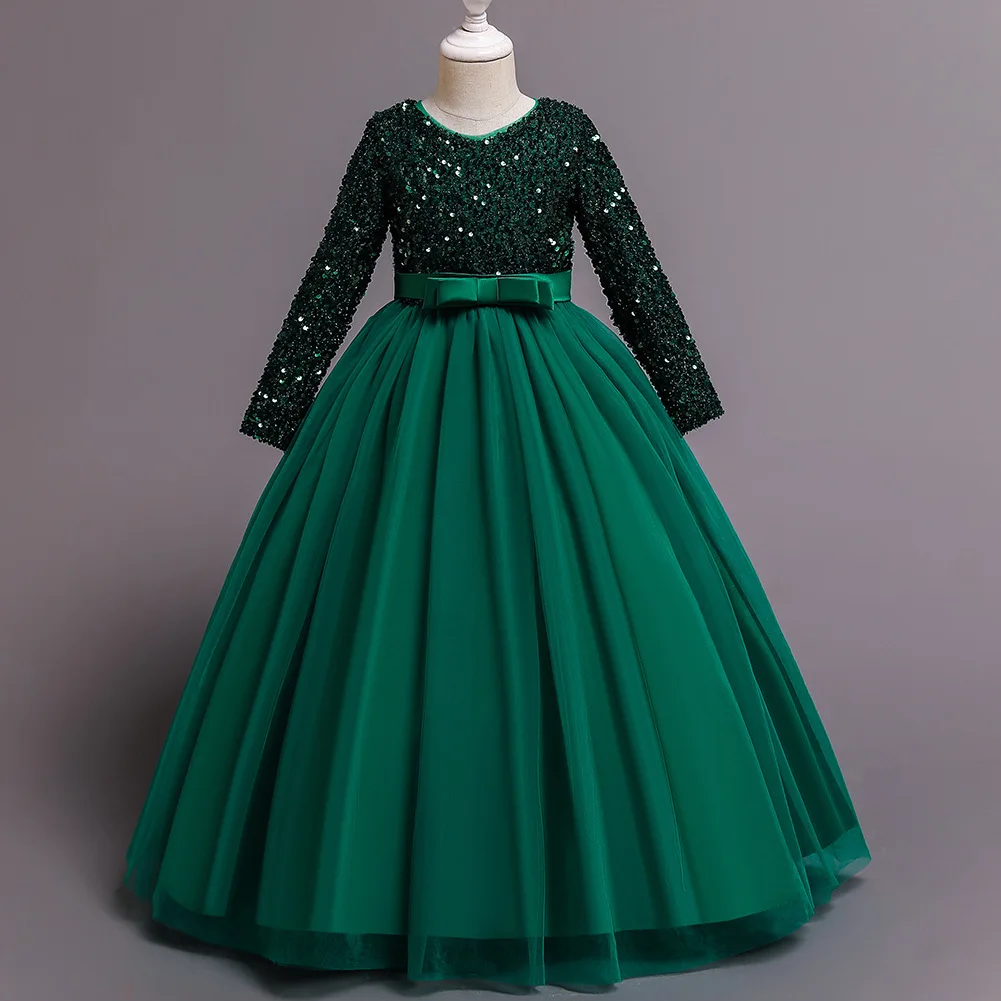 Het is Yiiya Aangepaste Bloemenmeisje Jurk Bordeaux Pailletten Bescheiden V-hals Volledige Mouwen Rits A-lijn Vloerlengte Kinderjurk T051