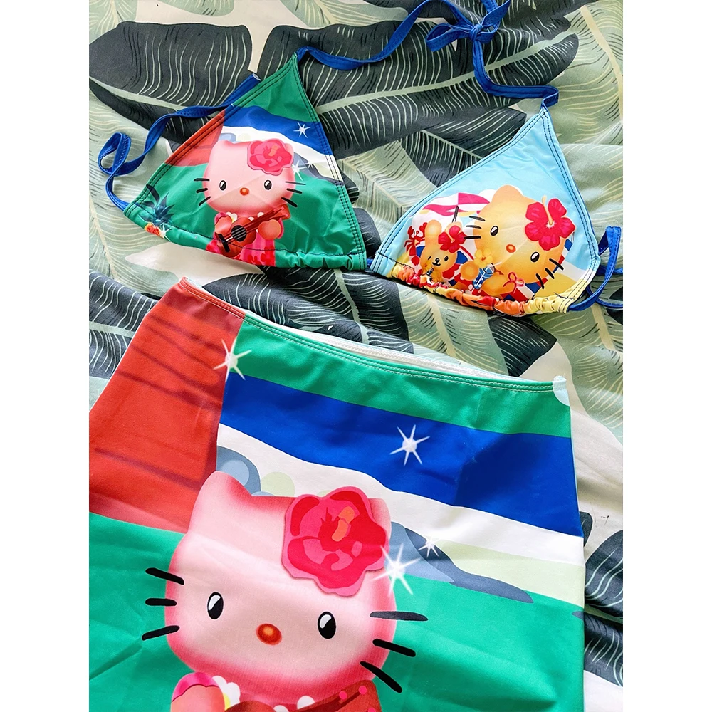

Anime Sanrio Hawaii Hello Kitty Split Swimsuit Suit Women In Summer Cartoon Girls Small Breasts Bikini Beachwear Surfing Suit