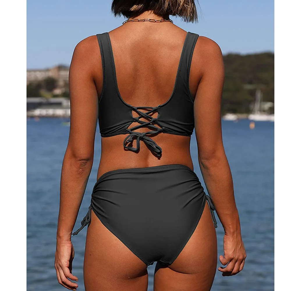 Women's Bikinis Set 2022 Summer Fashion Solid High Waist Swimsuit Push Up Sexy Beach Wear Drawstring Swim Suit Ladies Swimwear