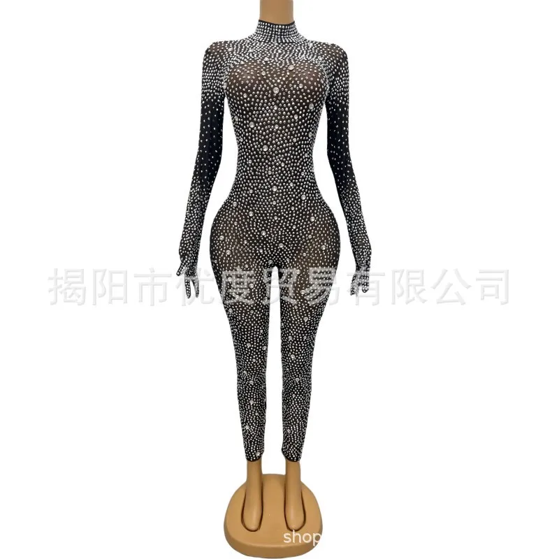 

Перчатки, интегрированный черный блестящий комбинезон со стразами, персонализированный комбинезон, женский костюм для ночного вечера, десять брюк с бриллиантами