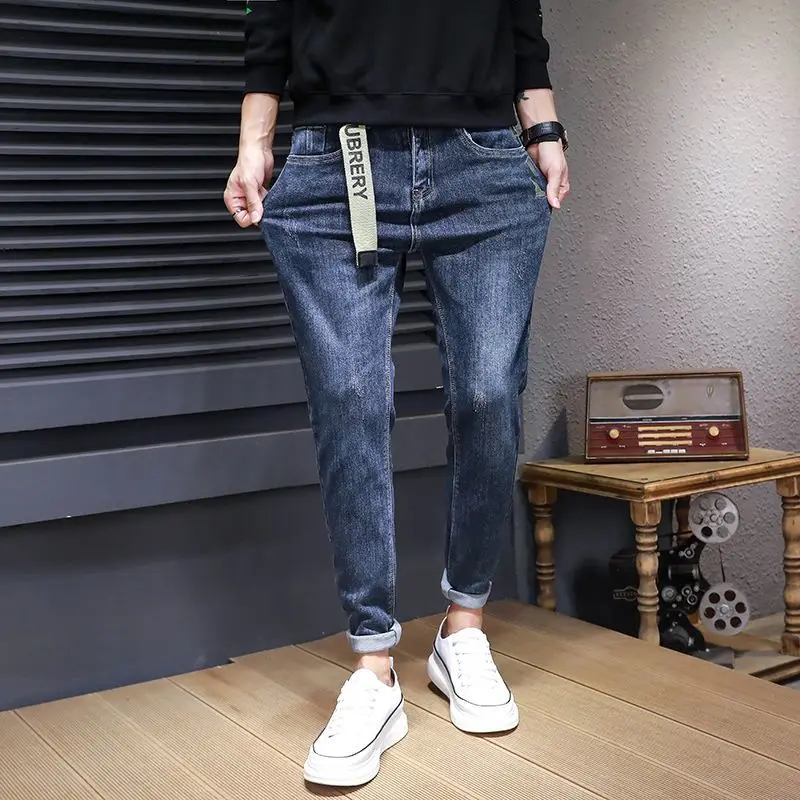 

Осень 2024, новые синие модные эластичные корейские узкие джинсы, мужские тонкие модные модные брюки, рабочие ковбойские эластичные мужские брюки-карго