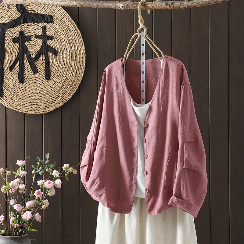 Handmade Washed Heavyweight Cotton Linen Jacket Long Sleeve Open Cardigan Artistic  Color Outerwear Top for Women