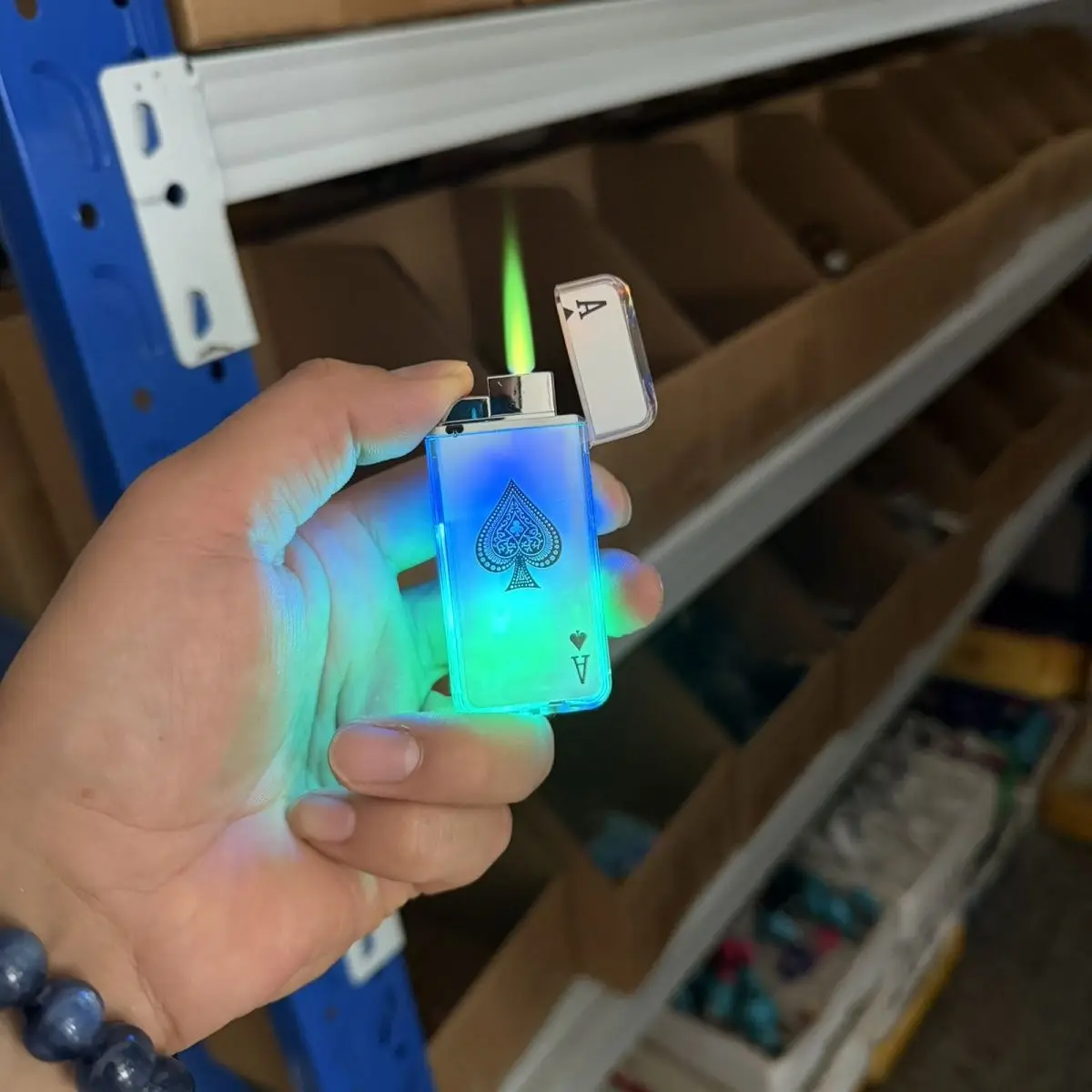 Stylish Poker Spade A Lighter with Colorful LED, Windproof Green Flame Torch Refillable Gas Lighter as a Cool Gift for Boyfriend