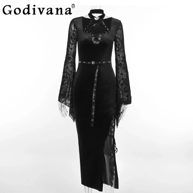 

Lolita Black Sexy Dress for Women Gothic Punk Style Lace Up Long Dress Lolita Hot Girl Spring High Waist Bodycon Dress