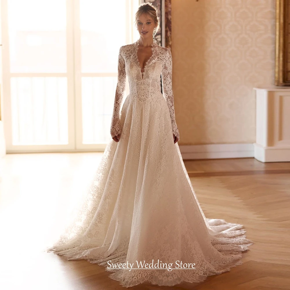 Customized Woman Lace Wedding Dress V Neck Long Sleeves See Through Body Sweep Train A Line Bride Bridal Gown Buttons