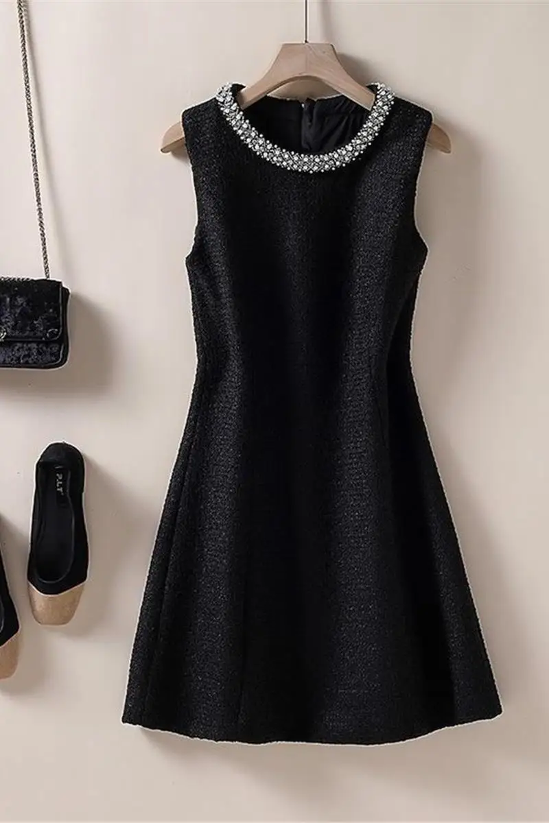 

French Chic Style Tweed Vest Dress Women Beaded Pearls A-line Slim Waist Belt Elegant Mini Dress Fashion New Fall Winter Outfit